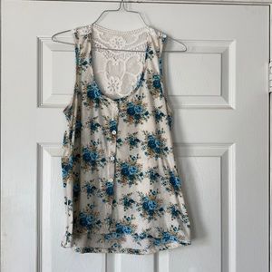 Blue white Floral lacy scoop neck bottom front button up button down tank top